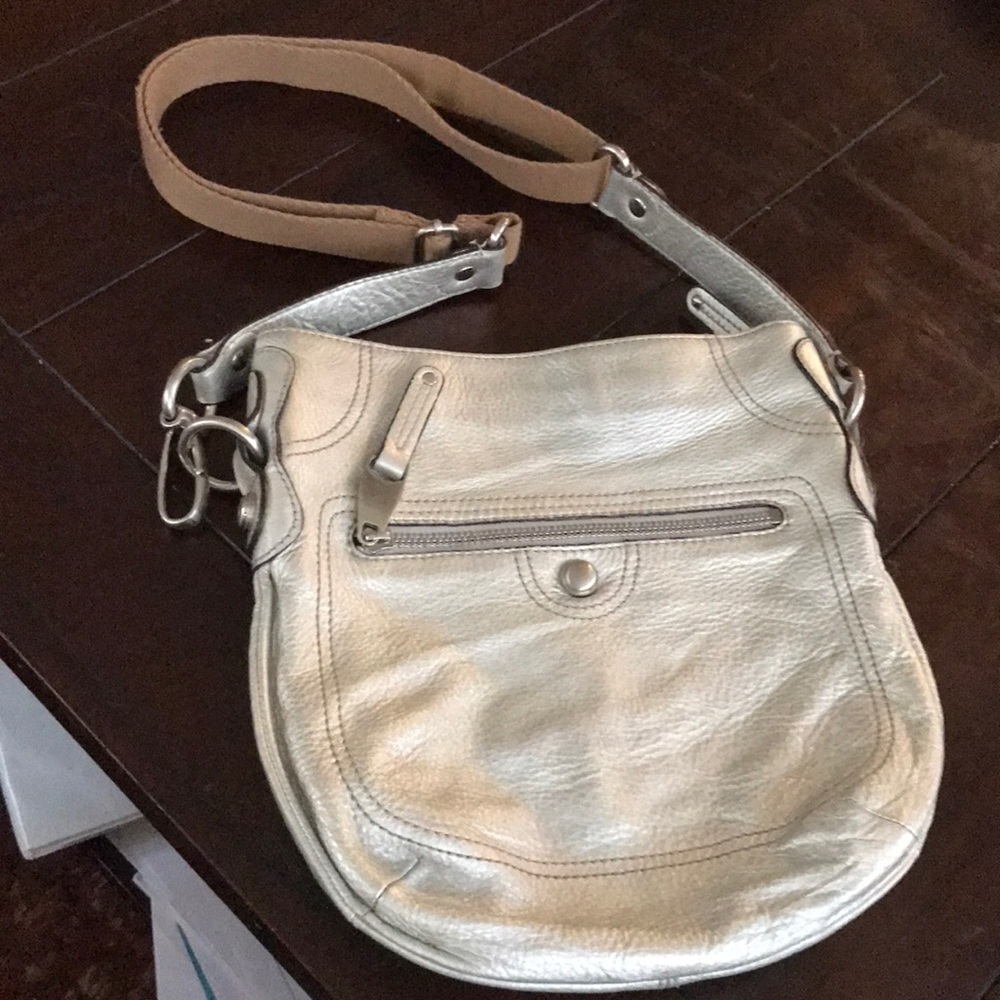 B Makowsky Metallic Silver Leather Crossbody